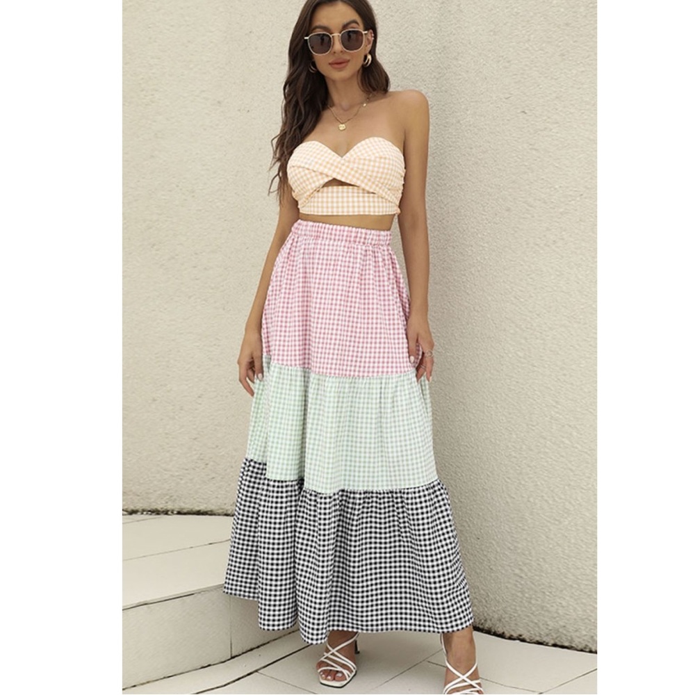 Plaid strapless top and skirt set